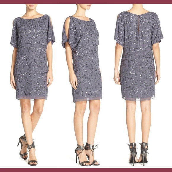 NEW Aidan Mattox Cold Shoulder Embellished‎ Shift Dress Gunmetal [SZ 8 ] - Picture 1 of 6